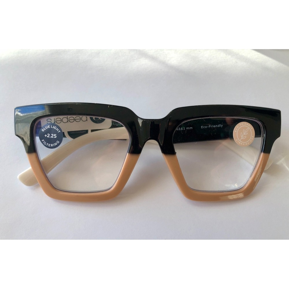 NEW BLACK TAN TAKE A‎ BOW PEEPERS BLUE LIGHT READING GLASSES +2.25